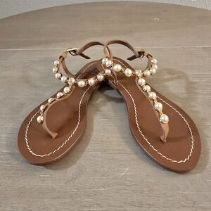 Tory Burch Brown Sandals with Pearl Accents